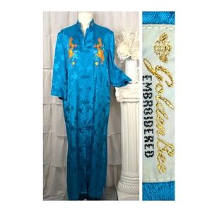 Golden Bee Vtg 70s Teal Embroidered Rayon Jacquard Dragon Chinese Robe Kimono L
